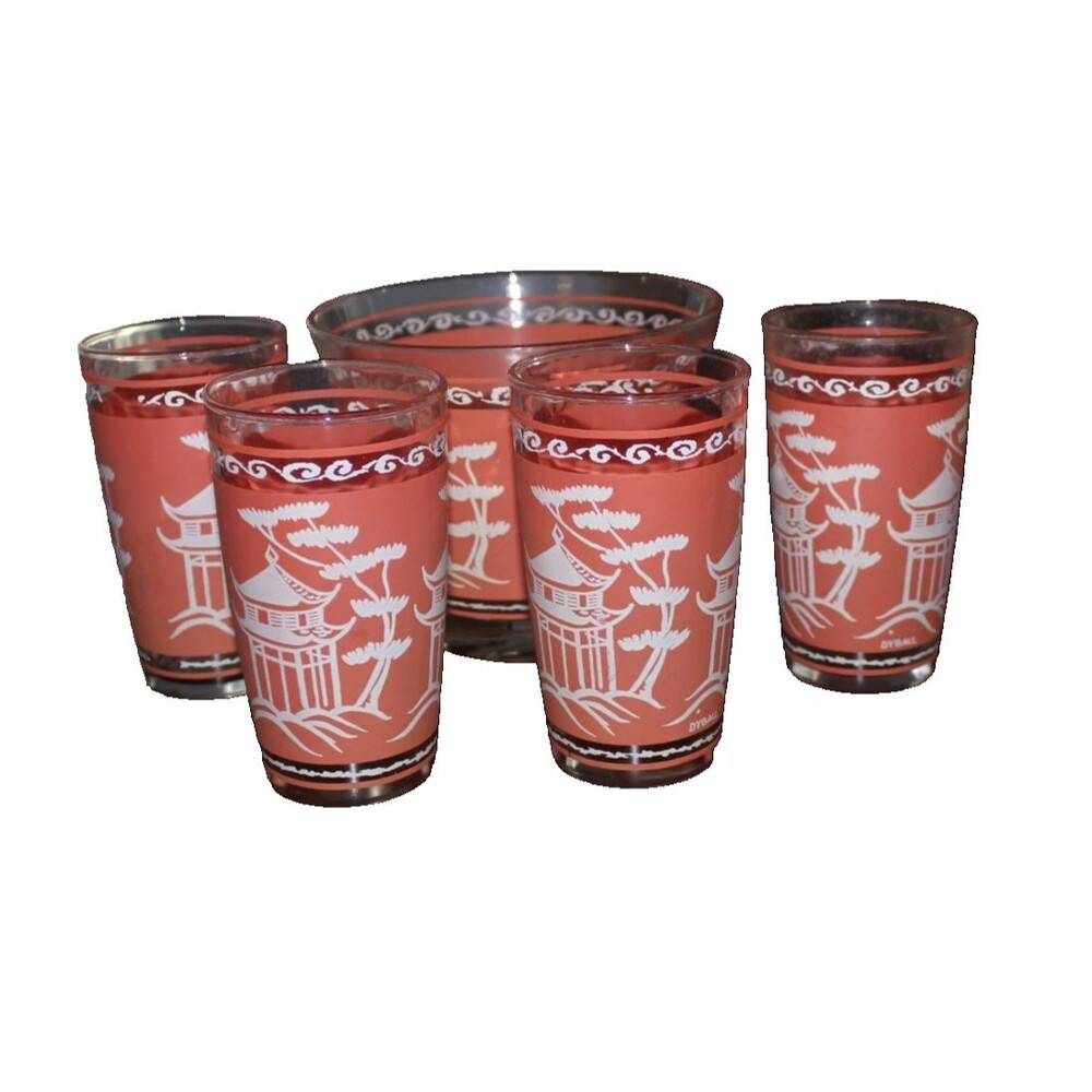 Vintage Hazel Atlas Coral Pink Pagoda Glass Ice Bucket Bowl 5" & 4 5 in Tumblers